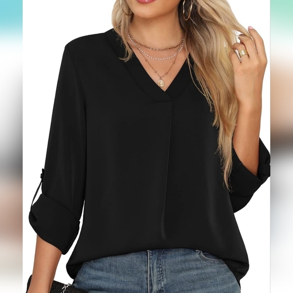 Quezhu Black Women's 3/4 Long-Sleeve Blouse V-Neck